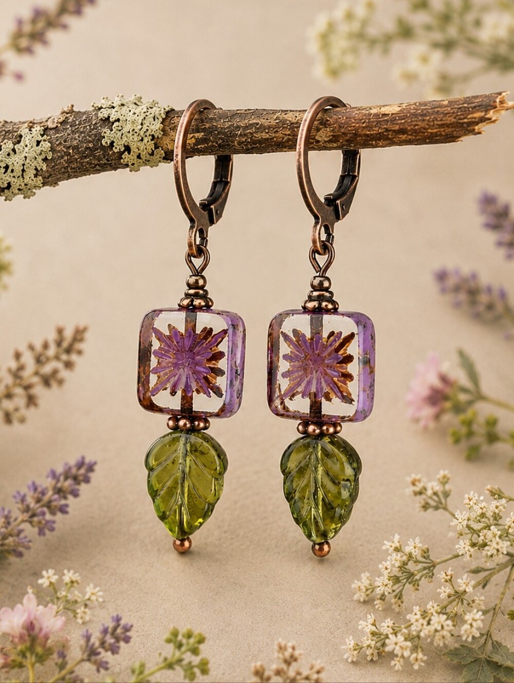 Pressed Wildflower Earrings Purple Flower Green Leaf Artisan Hand Crafted